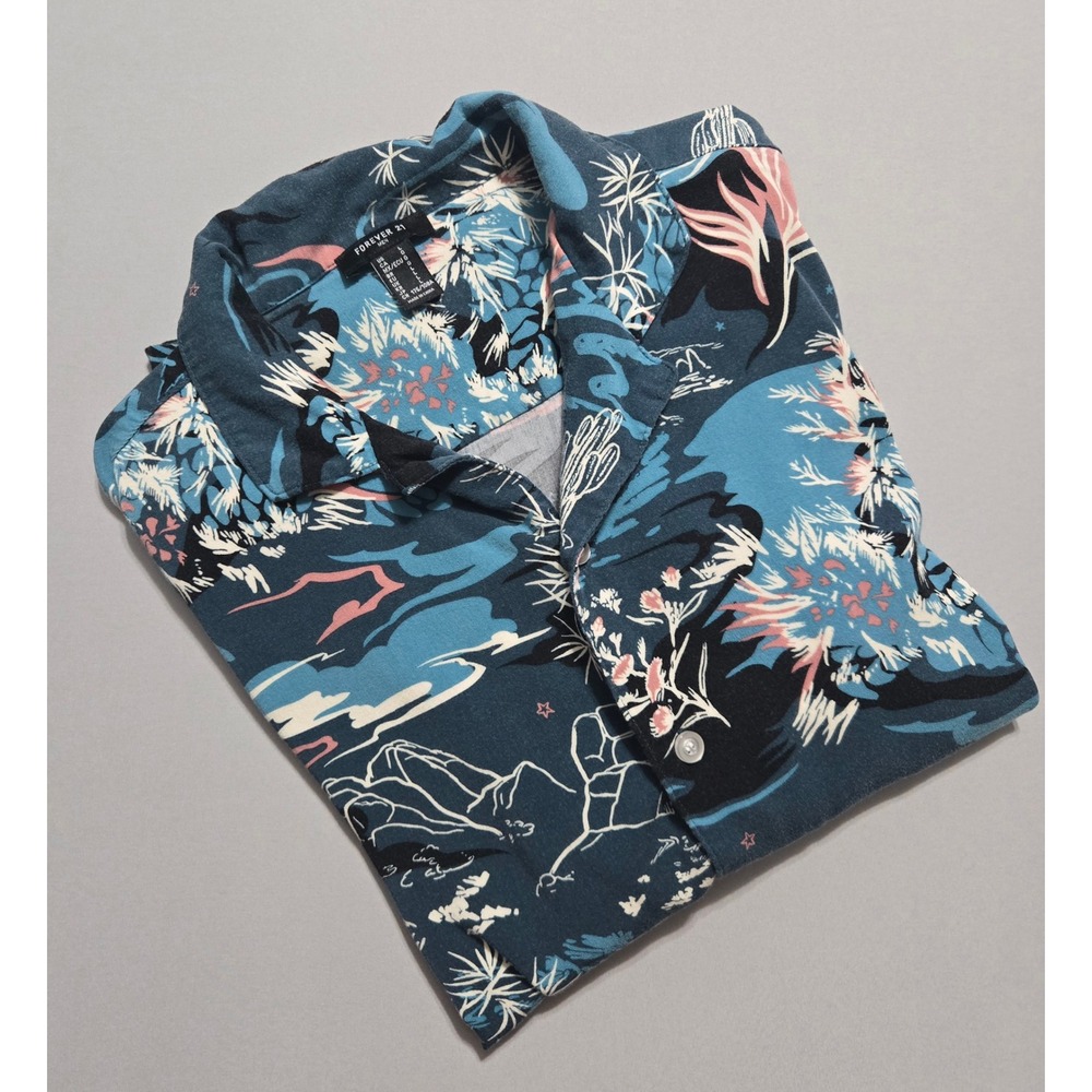 Forever 21 Shirt Mens Large Tropical Hawaiian Blue Button Up Short Sleeve Rayon